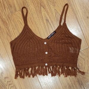 Almost Famous Brown Crochet Fringe Crop Top